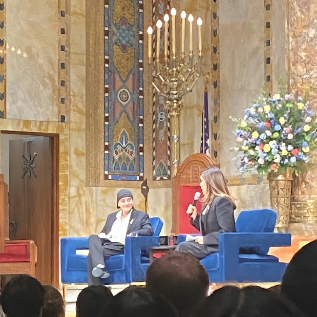 Emily Damari in interview at Temple Emanul-El